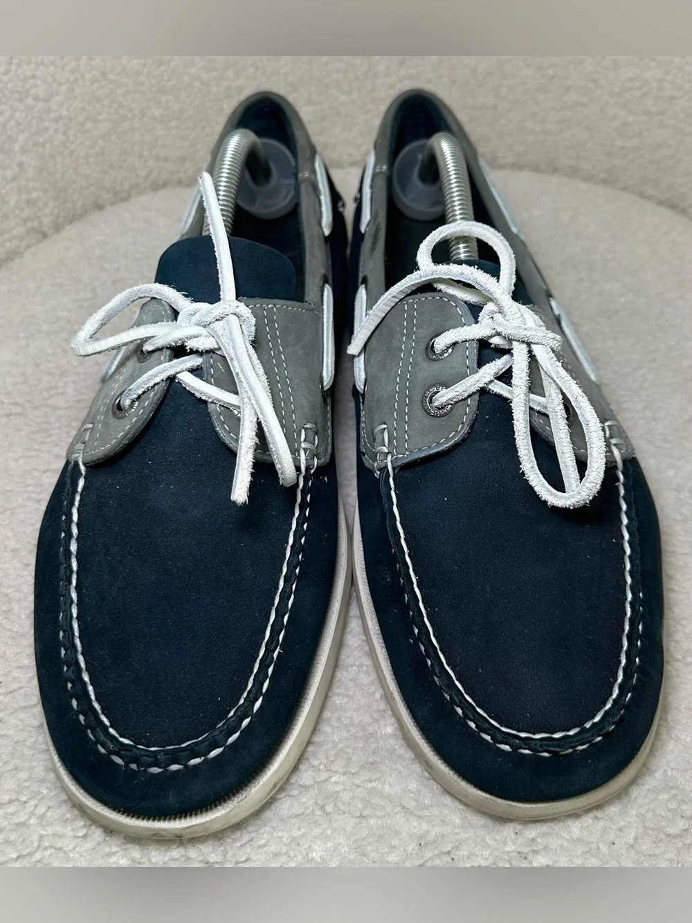 L.L.Bean Casco Bay Boat Shoes Men’s Navy Blue Gray Leather Dock Loafers Preppy
